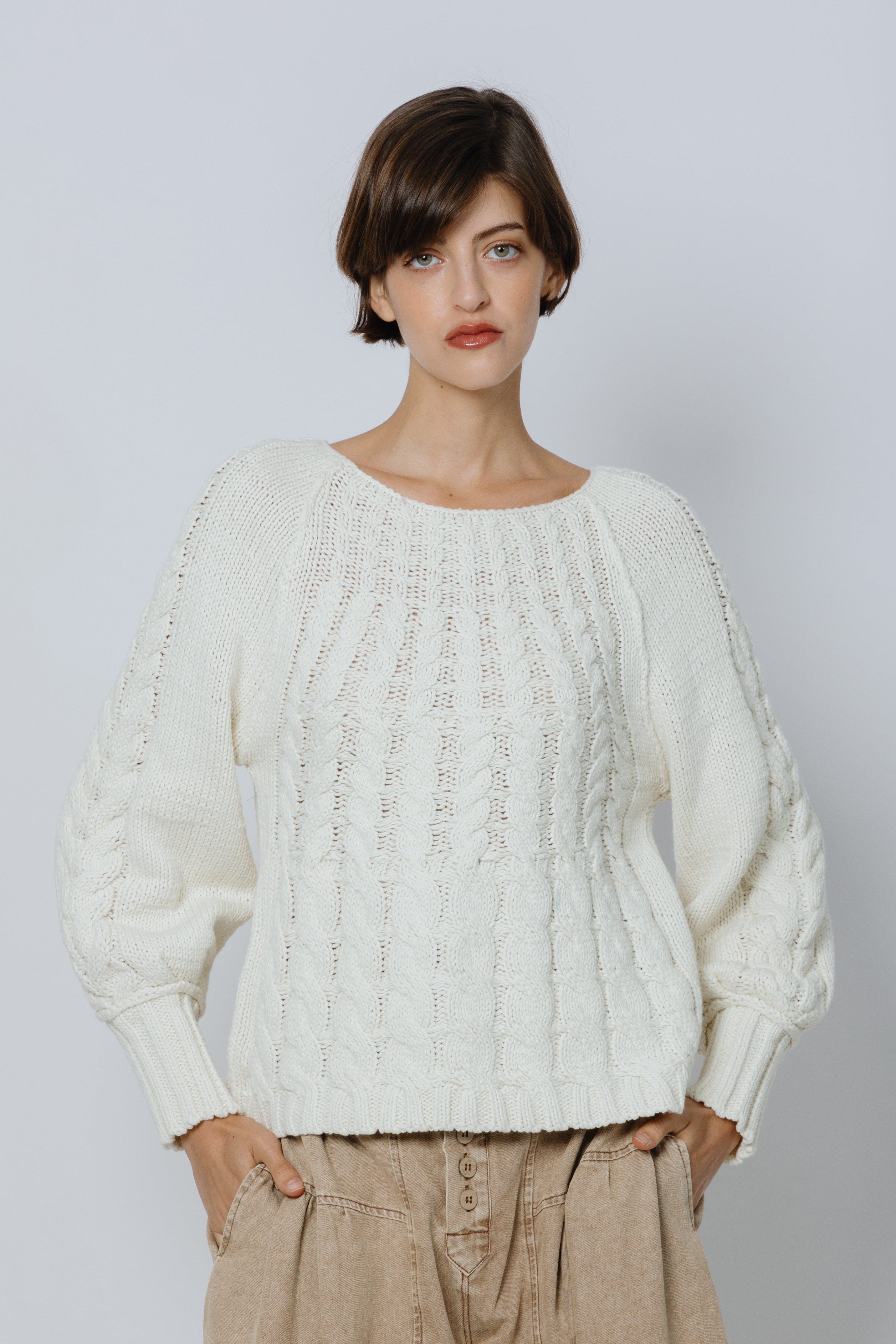 סוודר כותנה צמות שמנת קורטינה