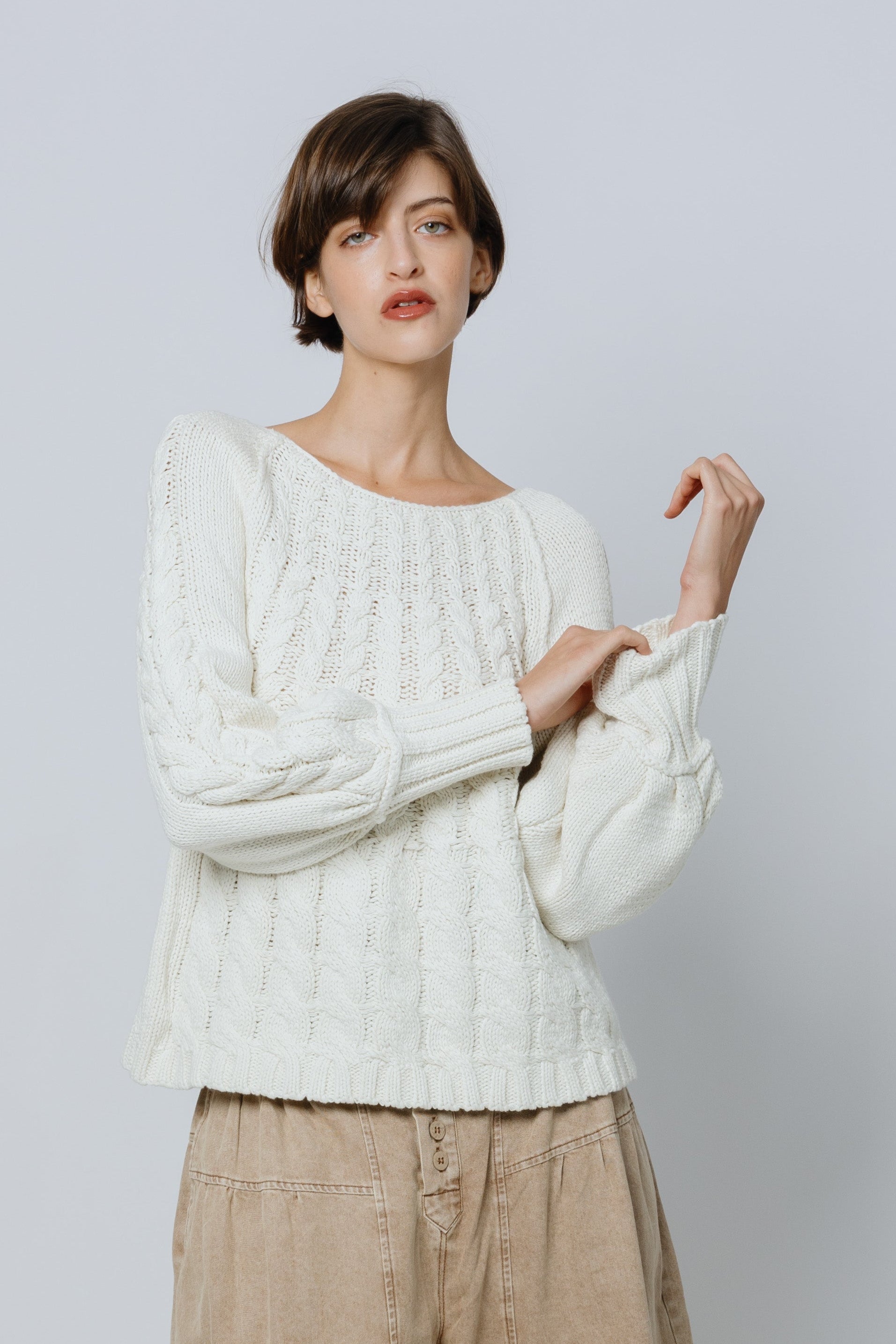 סוודר כותנה צמות שמנת קורטינה