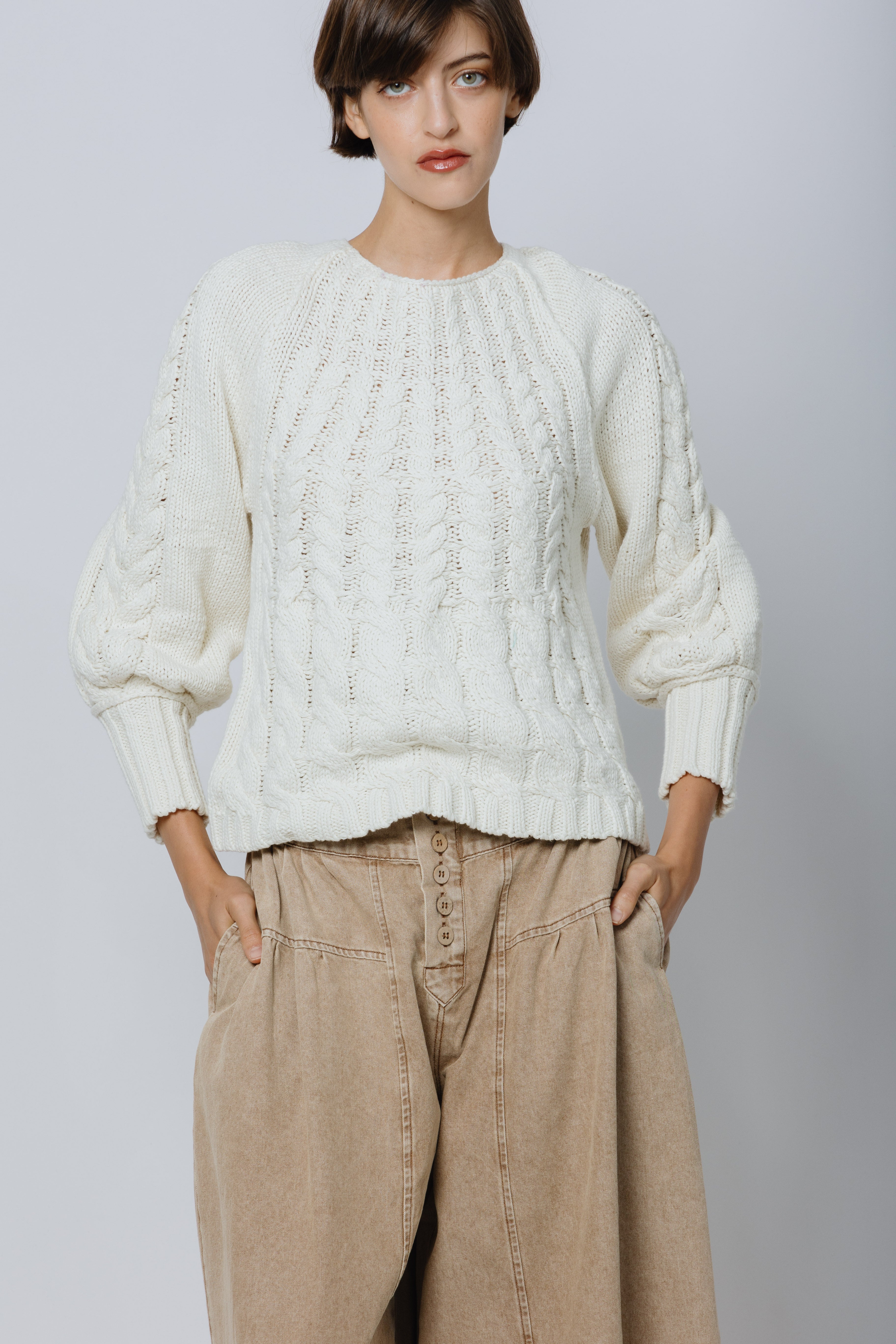 סוודר כותנה צמות שמנת קורטינה