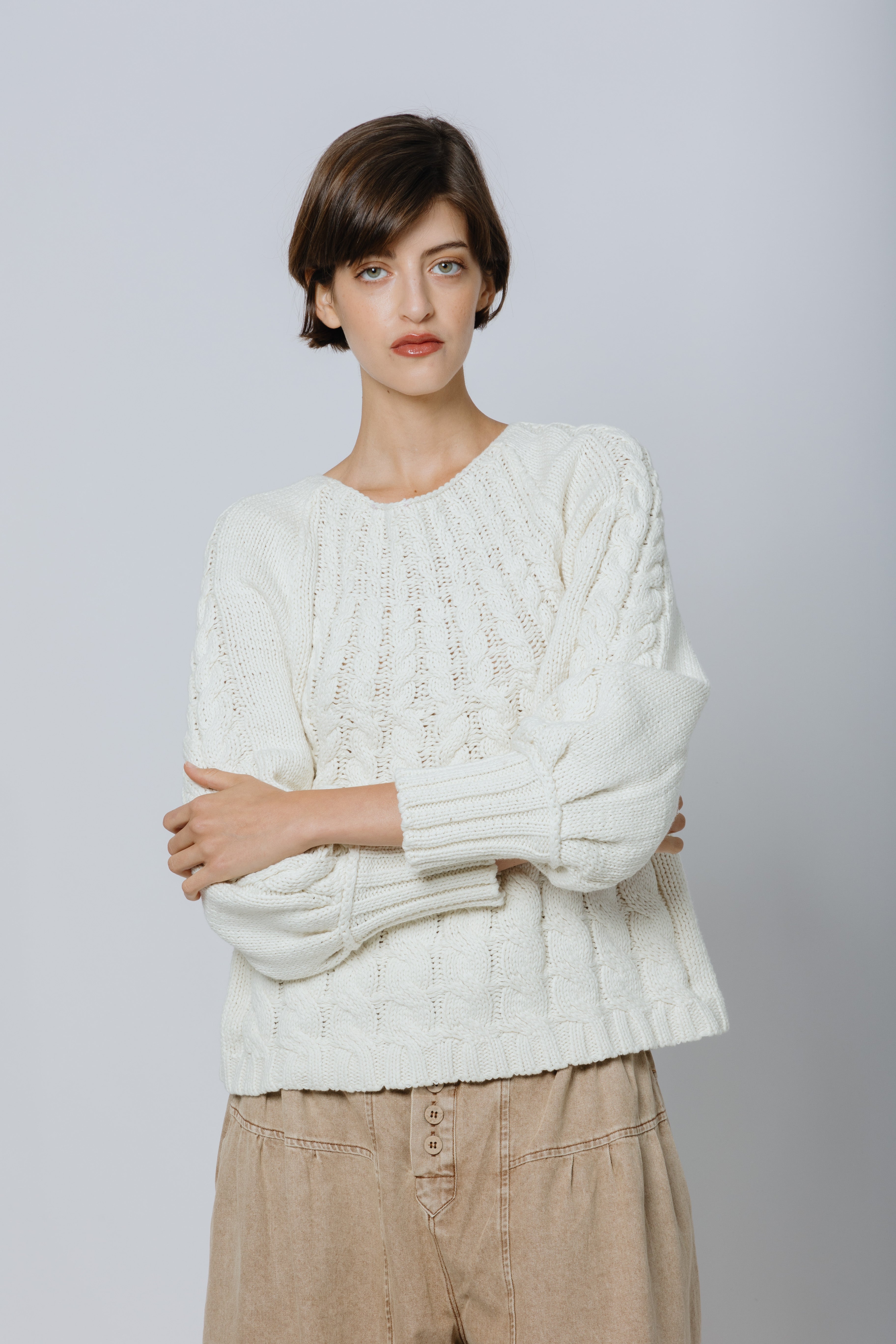 סוודר כותנה צמות שמנת קורטינה